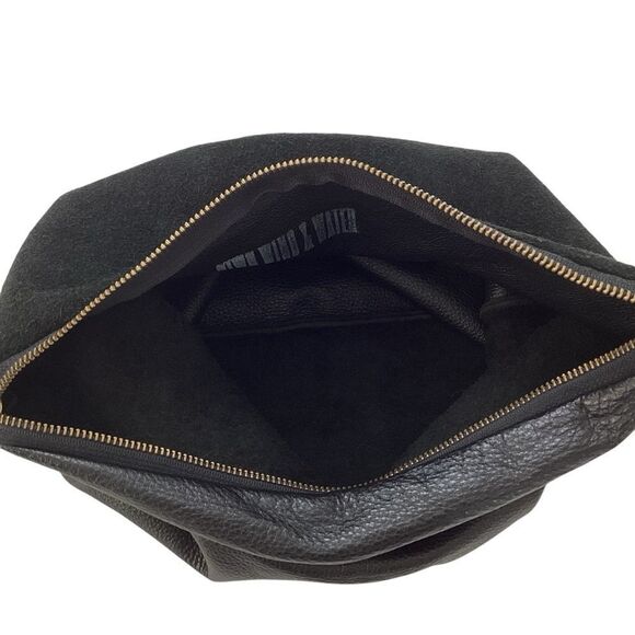 Leather Suede Black Clutch Fold Over Pouch Zip Closure Patchwork Minimal Purse - Picture 7 of 7